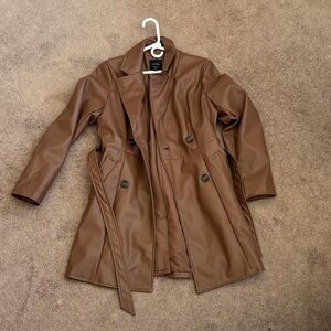 Love Tree Faux Leather Belted Trench Jacket - Chocolate Brown